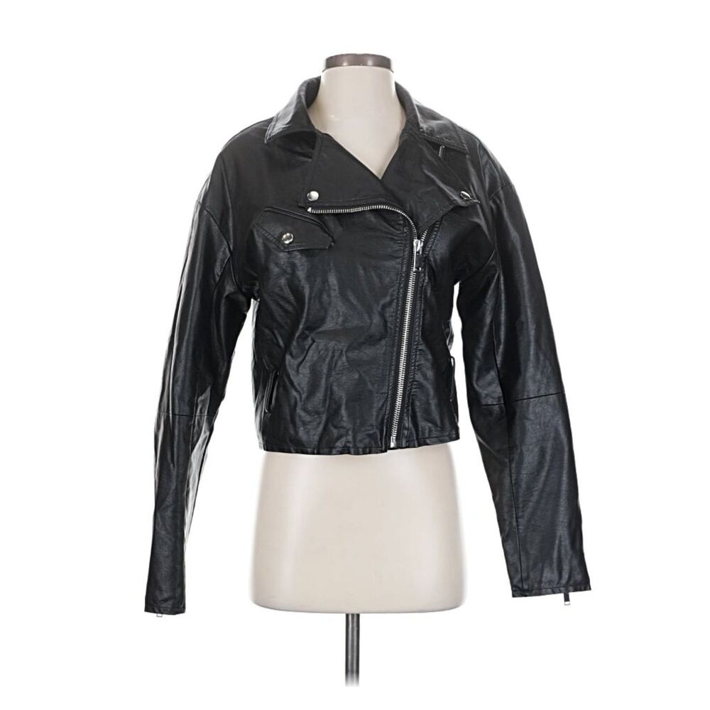 BDG Black Faux Leather Small Cropped Biker Jacket Red Lined NWT Urban Outfitters - Picture 8 of 8